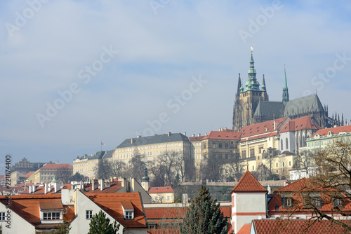 Panoramic view from Manes Bridge toward Prague Castle.