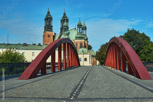 Steel structure of the bridge and towers of the Gothic cathedral in Poznan.
