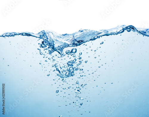 pure blue water with splash and air bubbles on white background