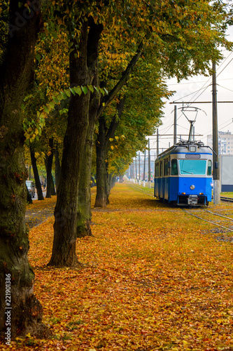 Photo of blue tram near orange autumn park with orange leaves