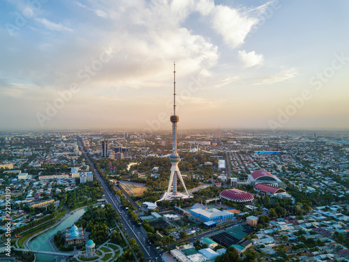 Tashkent TV Tower Aerial Shot During Sunset in Uzbekistan