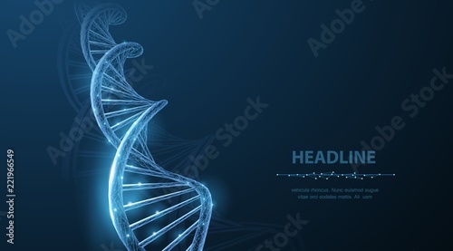 DNA. Abstract 3d polygonal wireframe DNA molecule helix spiral on blue.
