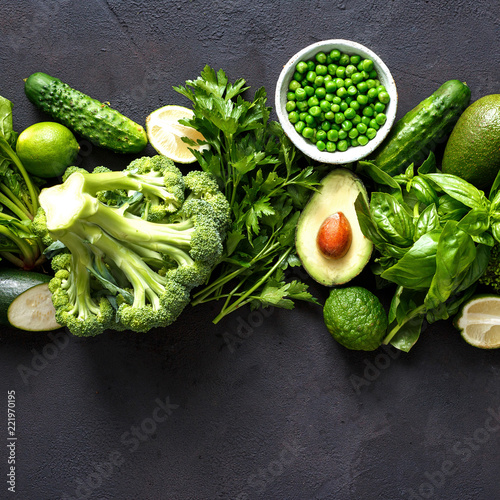 Raw healthy food clean eating vegetables green vegetables top view