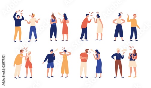 Collection of pairs of people during conflict or disagreement. Set of men and women quarreling, brawling, bickering, shouting at each other. Colorful vector illustration in flat cartoon style.