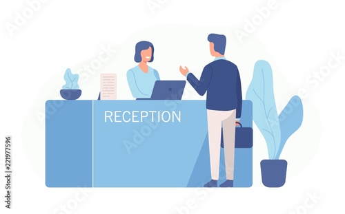 Male customer standing at reception desk and talking to female receptionist. Scene of visit to service center isolated on white background. Colorful vector illustration in flat cartoon style.