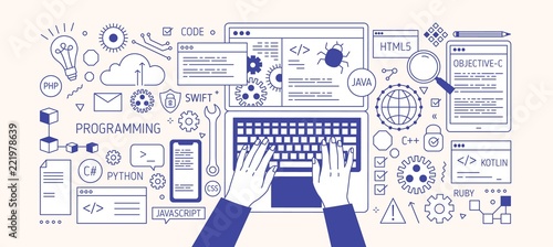 Horizontal banner with hands typing on laptop keyboard, various electronic devices and symbols. Programming, software development, coding. Monochrome vector illustration in modern line art style.