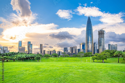 Beautiful Shenzhen Houhai CBD skyline and lawn