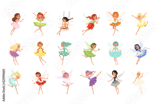 Colorful set of fairies in flying action. Little creatures with colorful hair and wings. Mythical fairy tale characters in cute dresses. Flat vector design