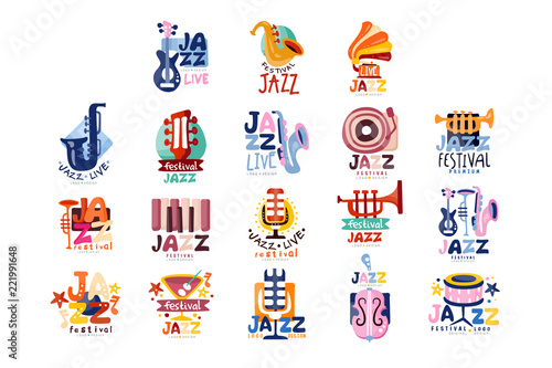 Logos set for jazz festival or live concert. Musical event labels or emblems with guitar, saxophone, retro gramophone, trumpet. Vector collection.