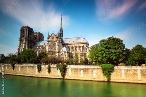Beautiful long exposure of the Notre-Dame Cathedral in Paris, France, in spring
