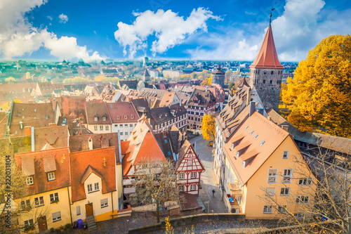 cityscape of Old town of Nuremberg with city wall, Germany, retro toned