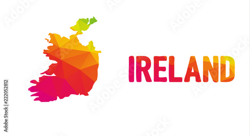 Low polygonal map of the Republic of Ireland (Éire) with sign Ireland, both in warm colors of red, purple, orange and yellow; sovereign state in North - Western Europe island