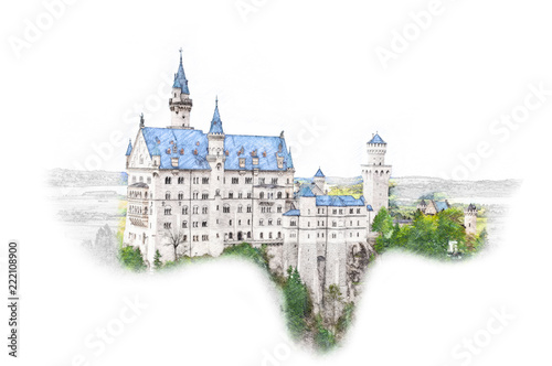 Munich,Bavaria,Germany. Neuschwanstein Castle in sketch style. Watercolor illustration of Historical showplace for print, souvenirs, postcards, t-shirts, decoration.