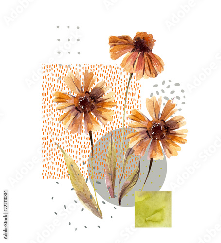 Watercolor flowers and leaves, circle, square shapes, minimal doodle textures