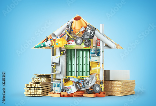 Construction concept. Building materials laid out form of house. 3d illustration