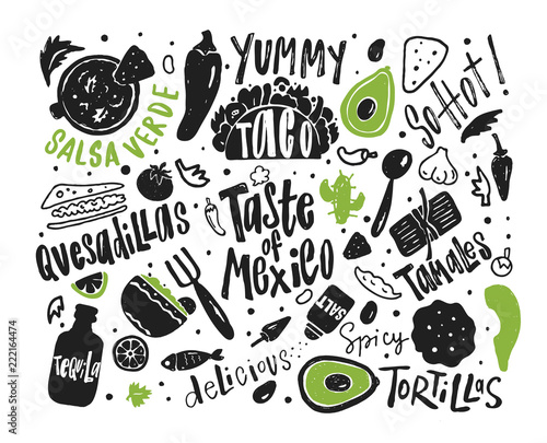 Taste of Mexico. Hand drawn illustration and lettering with different mexican food