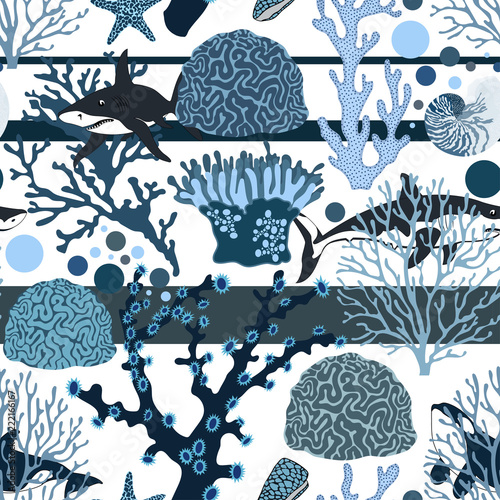 Nautical seamless pattern with blue corals, shells and sharks.Summer vector colorful background.Sea textile texture