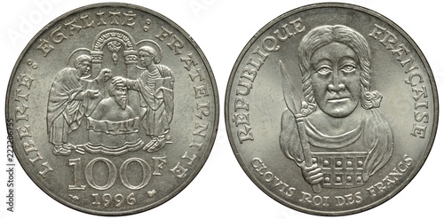 France French silver coin 100 one hundred francs 1996, Subject Clovis – first King of the Francs, scene of baptizing of Clovis, bust of man holding lance, 