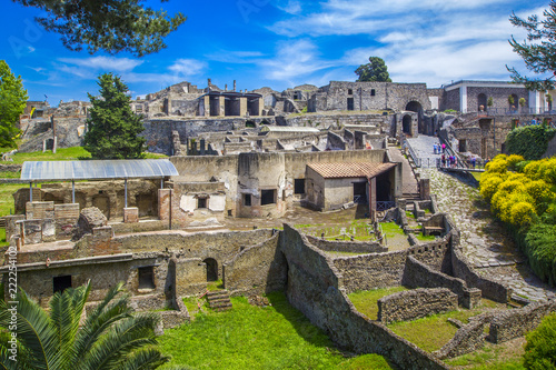 Panoramic view of the ancient city of Pompeii with houses and streets. Pompeii is an ancient Roman city died from the eruption of Mount Vesuvius in the 1st century. Naples, Italy.