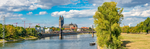 Panoramic view of Elbe, old and new town, bridge in Magdeburg, Germany