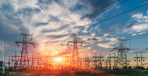 distribution electric substation with power lines and transformers