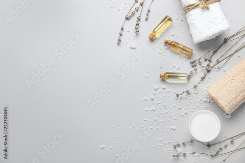 Beautiful spa composition with lavender on light background