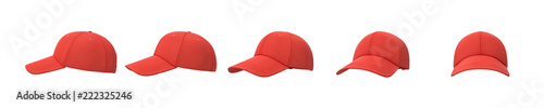 3d rendering of five red baseball caps shown in one line from side to front view on a white background.