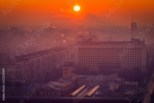 Morning view above the city with buildings from Bararab overpass at sunrise on a cold day