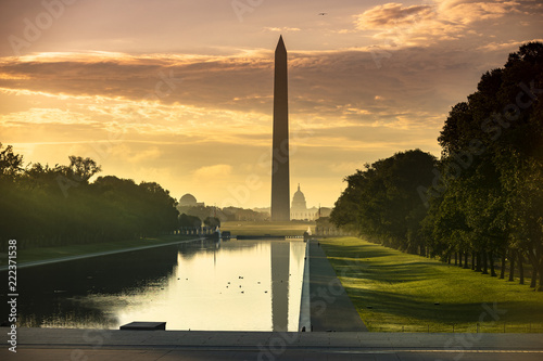 Washington DC Monument and the US Capitol Building across the reflecting pool from the Lincoln Memorial on The National Mall USA