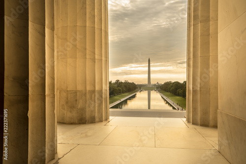 Washington DC Monument and the US Capitol Building across the reflecting pool from the Lincoln Memorial on The National Mall USA