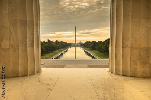 Washington DC Monument and the US Capitol Building across the reflecting pool from the Lincoln Memorial on The National Mall USA