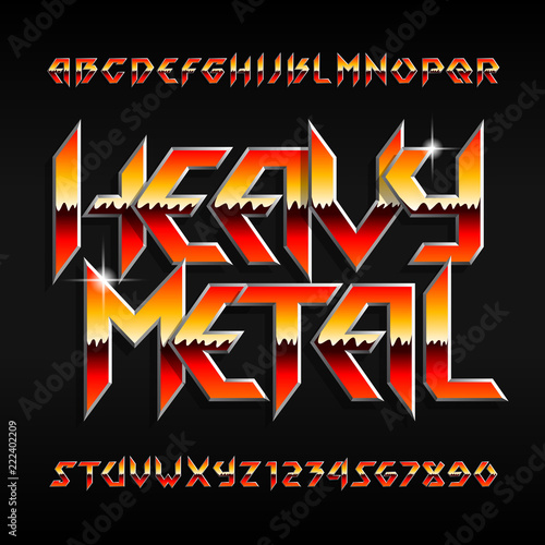 Heavy Metal alphabet font. Shiny letters and numbers in hard rock style. Stock vector typeset for your design.