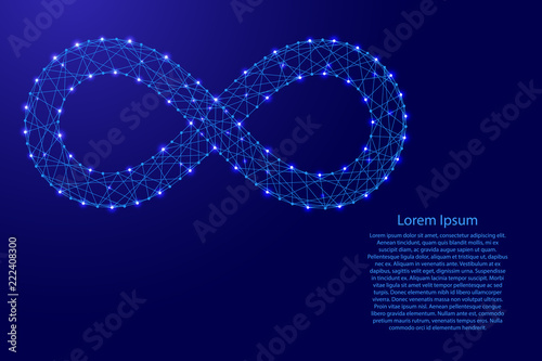 Infinity sign from futuristic polygonal blue lines and glowing stars for banner, poster, greeting card. Vector illustration.