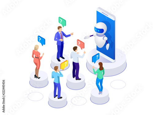 Isometric artificial intelligence. People ask questions for the chatbot. Science teacher bot concept. Knowledge Expertise Intelligence Learn. Technology and engineering. Online training banner
