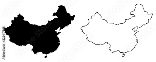 Simple (only sharp corners) map of China vector drawing. Filled and outline version