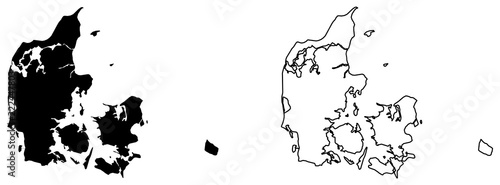 Simple (only sharp corners) map of Denmark (Danmark) vector drawing. Mercator projection. Filled and outline version.