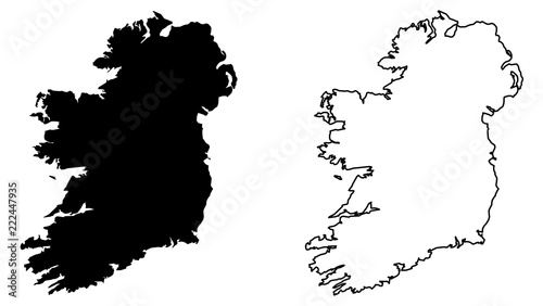 Simple (only sharp corners) map of Ireland (whole island, including northern British part) vector drawing. Mercator projection. Filled and outline version.