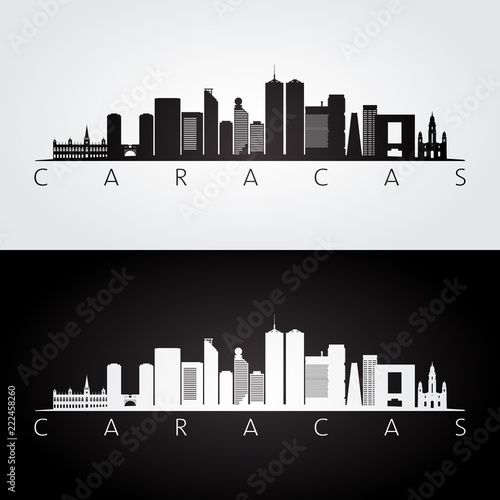 Caracas skyline and landmarks silhouette, black and white design, vector illustration.