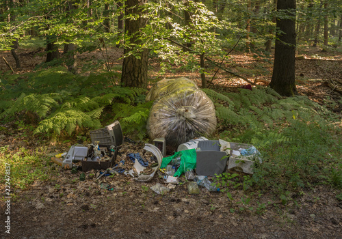 Wilde Müllkippe mit Sondermüll und Elektronikschrott im Wald - Wild dump with hazardous waste and electronic scrap in the forest