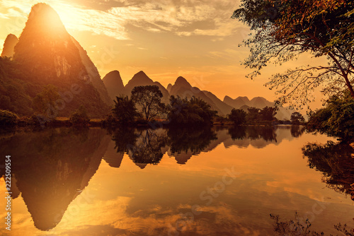 Sunset view of Li River. Yangshuo. Guangxi Province.