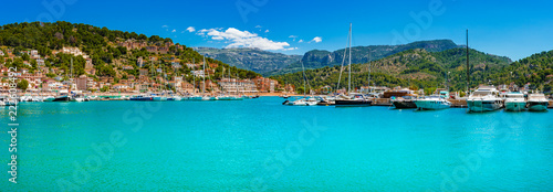 Panoramic seaside landscape view of yachts at bay of Port de Soller, Mallorca, Mediterranean Sea