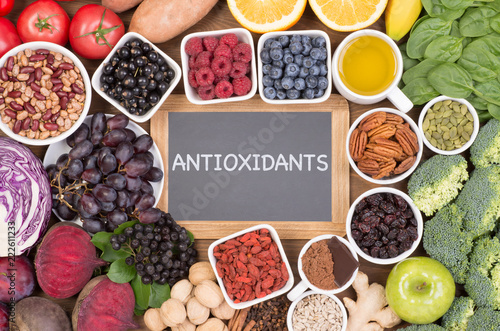 Food sources of natural antioxidants such as fruits, vegetables, nuts and cocoa powder. Antioxidants neutralize free radicals