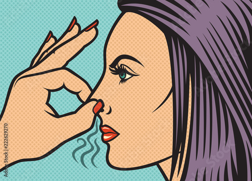 woman holding her nose because of a bad smell (illustration in pop art style)