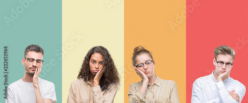 Collage of a group of people isolated over colorful background thinking looking tired and bored with depression problems with crossed arms.