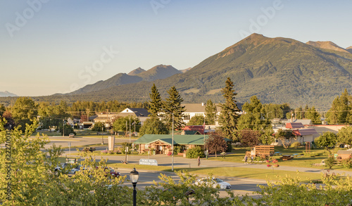 Palmer Visitor Information Center and a view of the Chugach Range in summertime, Palmer, Alaska, USA. 