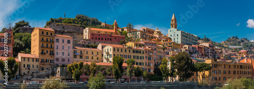 Colorful old buildings of a hilltop medieval town of Vintimiglia in Italy across from the French border