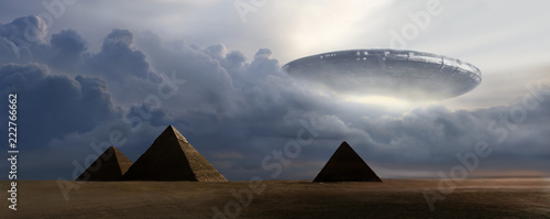 Flying saucer on pyramids - 3D rendering