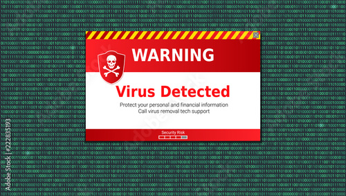 Virus detected, alert message. Scanning and identifying computer virus inside binary code listing. Warning message above area of the code with computer virus.