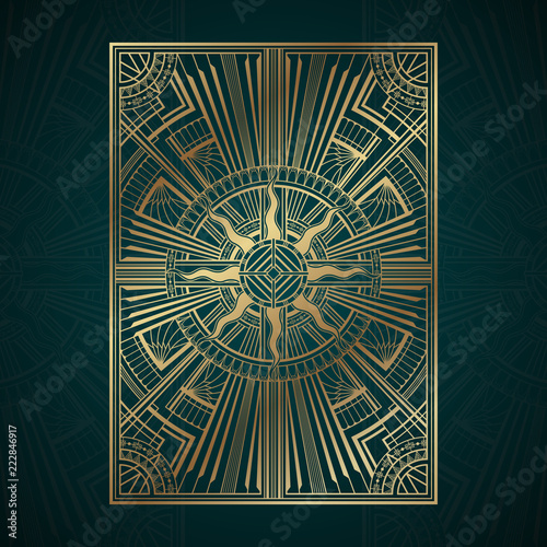 Gold art deco panels on dark turquoise background