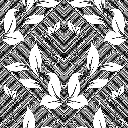 Vintage floral greek key meanders vector seamless pattern. Ornamental modern 3d geometric background. Abstract ornate zigzag ornament with elegance flowers, leaves, lines, stripes, meander shapes.